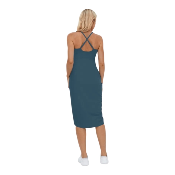 NWT Halara Deep V Neck Backless Crisscross Adjustable Straps Midi Blue Dress - Picture 2 of 7